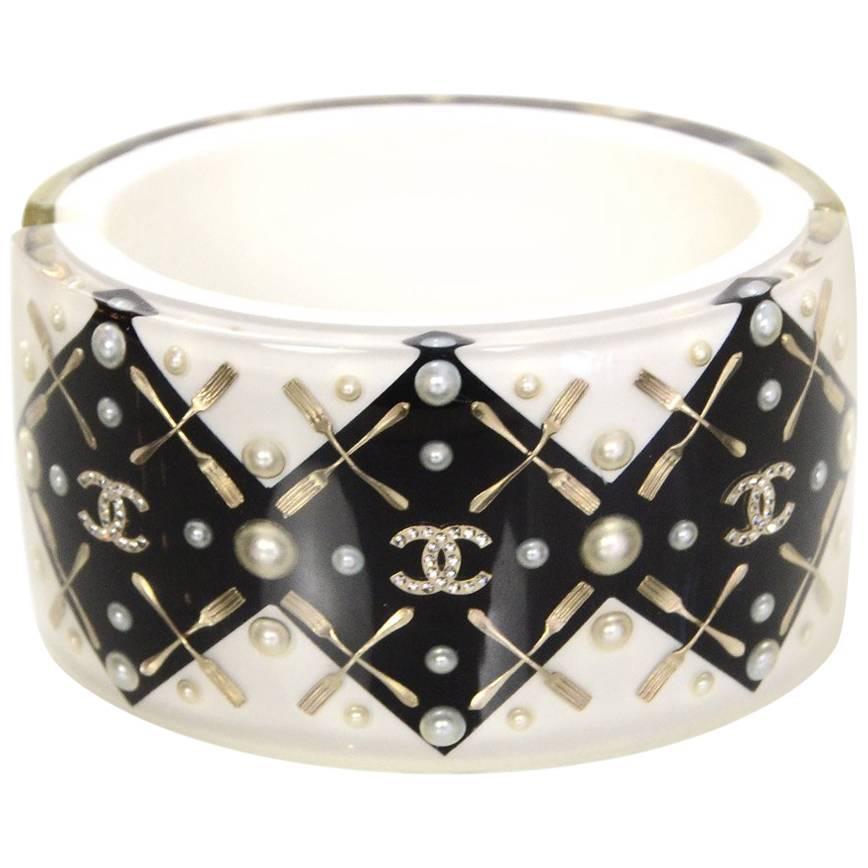 Chanel Black & White Coco Brasserie CC Fork Cuff Bracelet