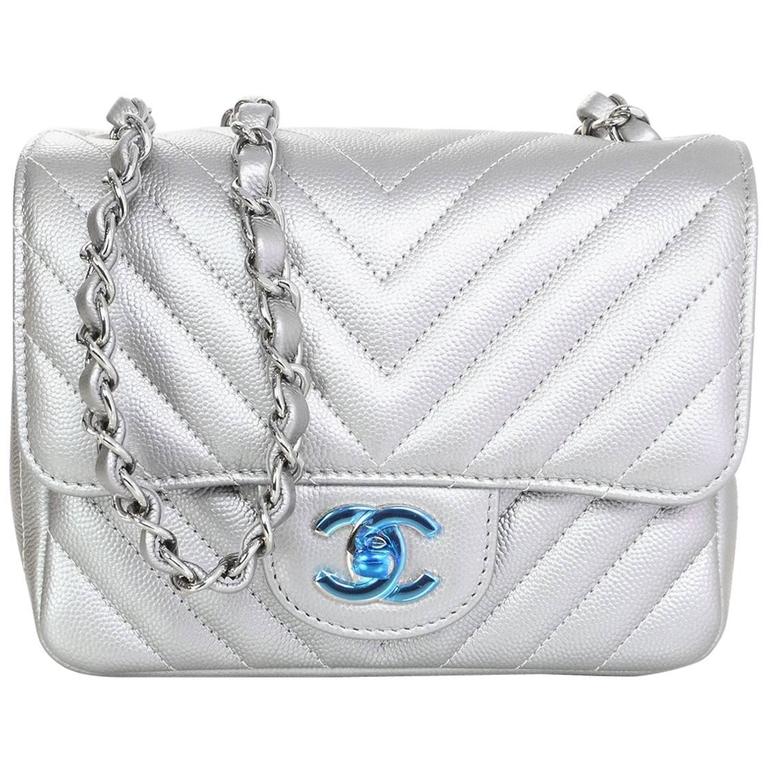 Chanel NEW 2016 Silver Caviar Leather Chevron Square Mini Flap Bag