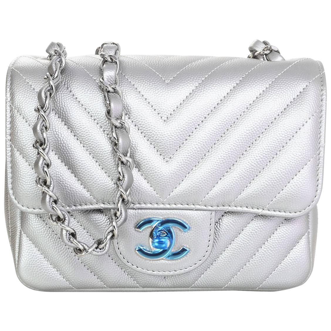 Chanel NEW 2016 Silver Caviar Leather Chevron Square Mini Flap Bag w/ Receipt