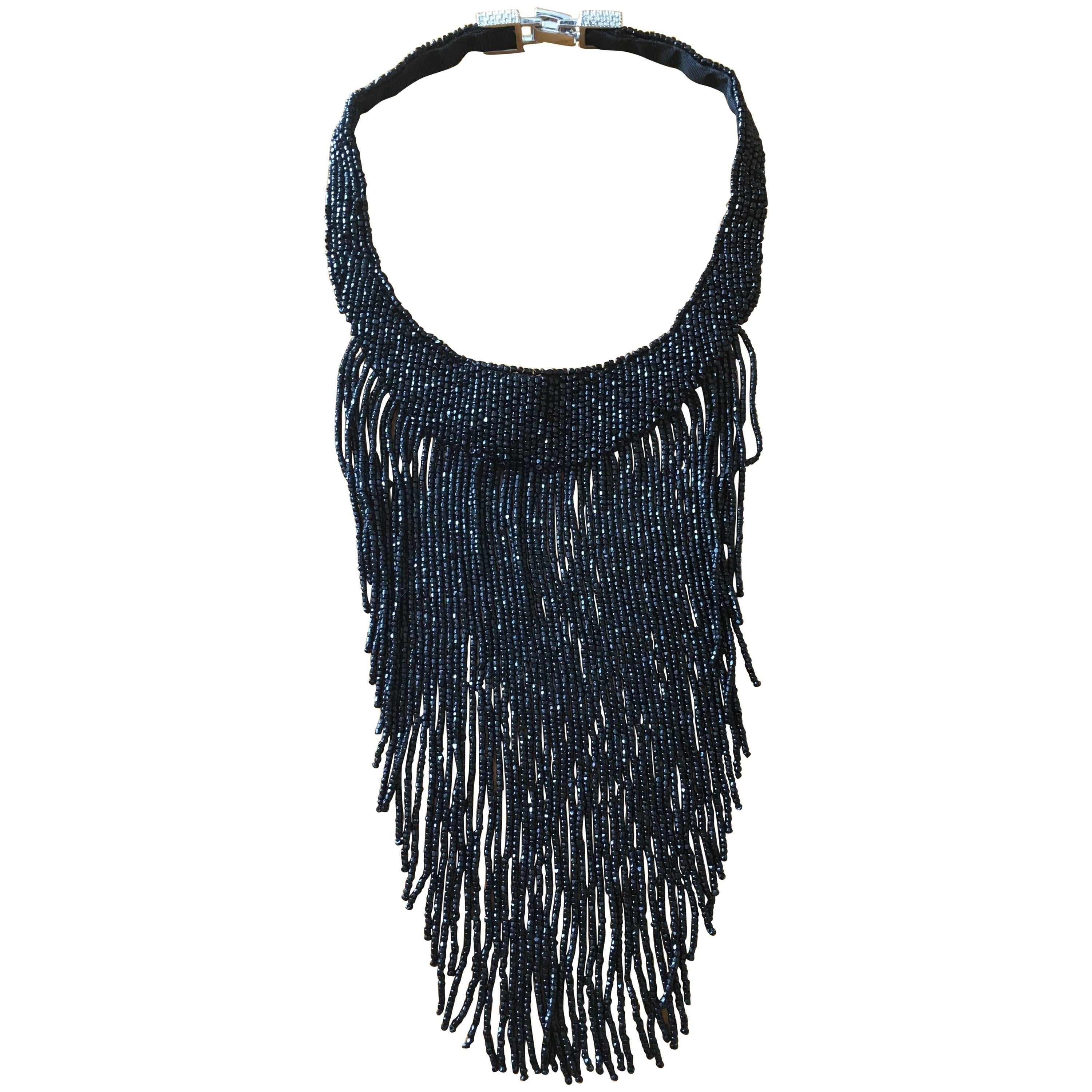 Christian Dior by John Galliano Outstanding Glass Jet Bead Fringed Bib Necklace