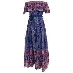 1970s Vintage Blue and Pink Paisley Print Off Shoulder 70s Maxi Dress