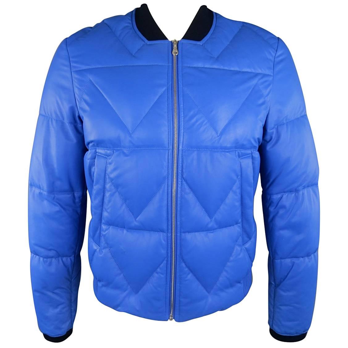 Men's KENZO L Blue Chevron Quilted Leather Bomber Jacket