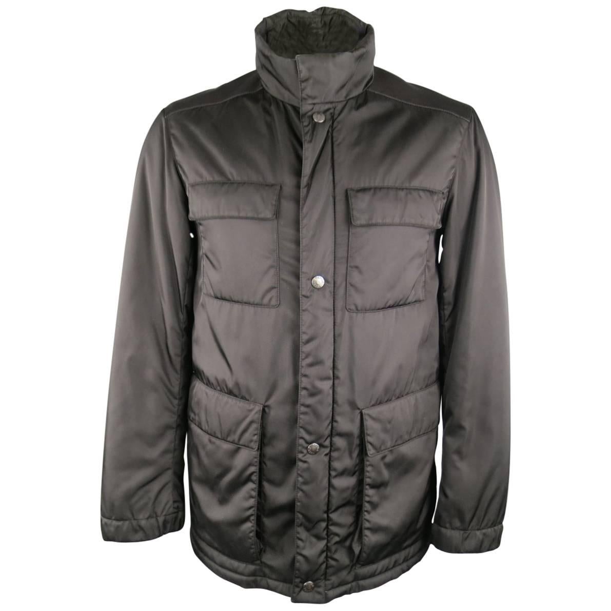 Men's PRADA 40 Black Patch Pocket Leather Shoulder Military Jacket at ...