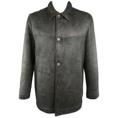 Men's PRADA 46 Black Shearling Collared Button Up Coat