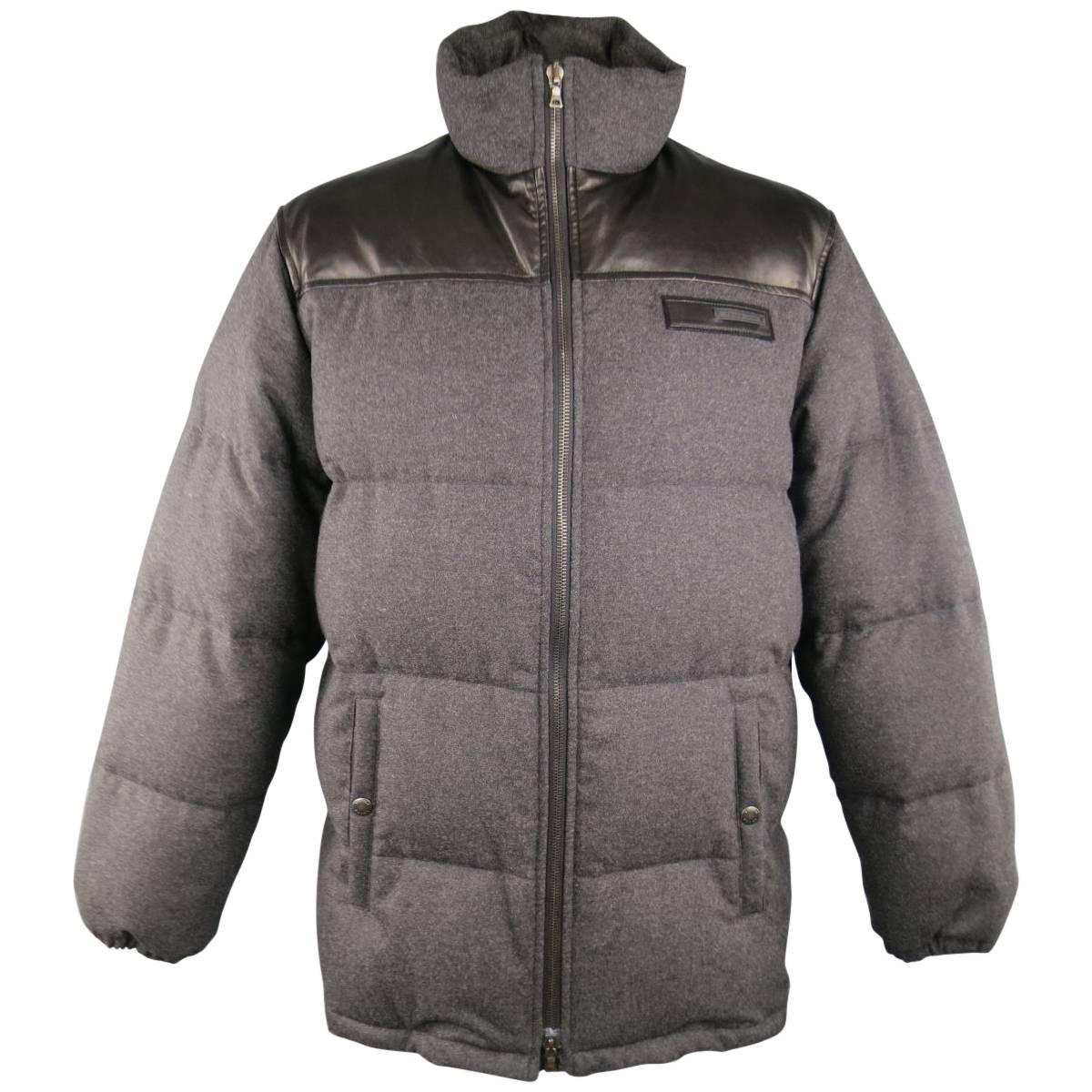 Men
s PRADA XL Grey 
Black Quilted Wool 
Leather High Neck Puffer Jacket