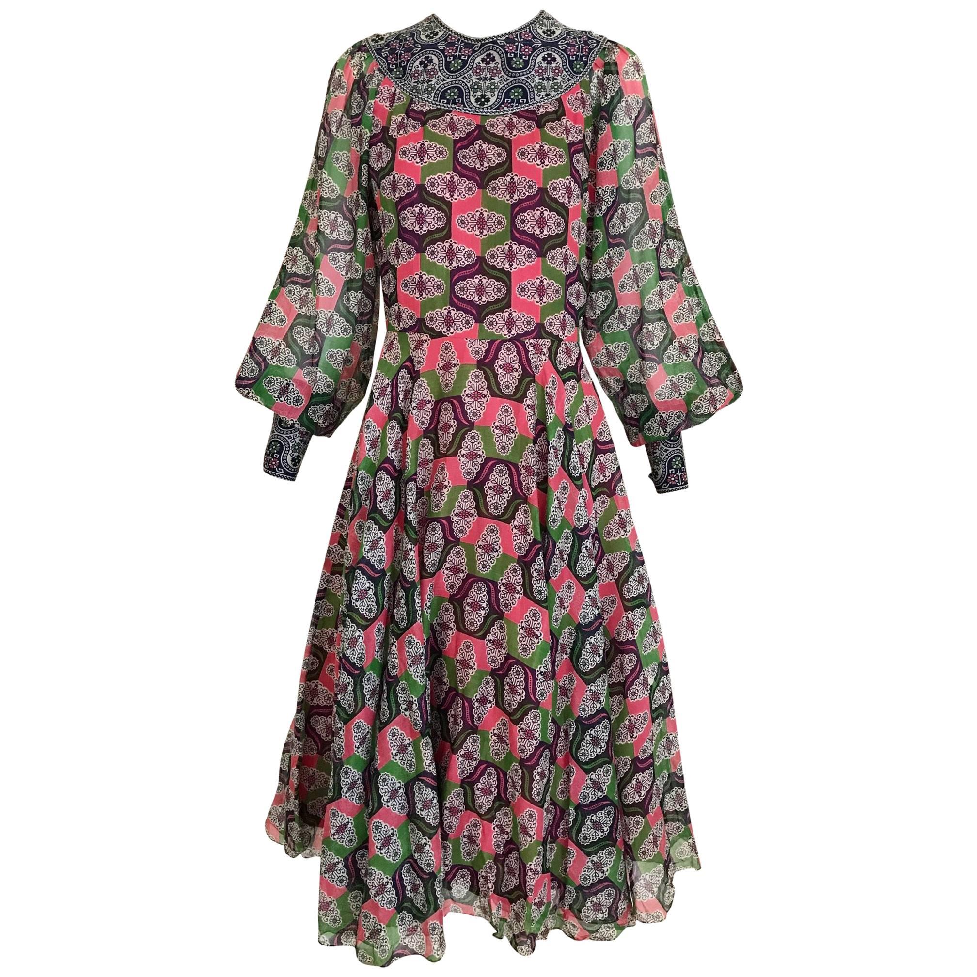  1970s Indian Print Multi Color Cotton 70s vintage Summer dress