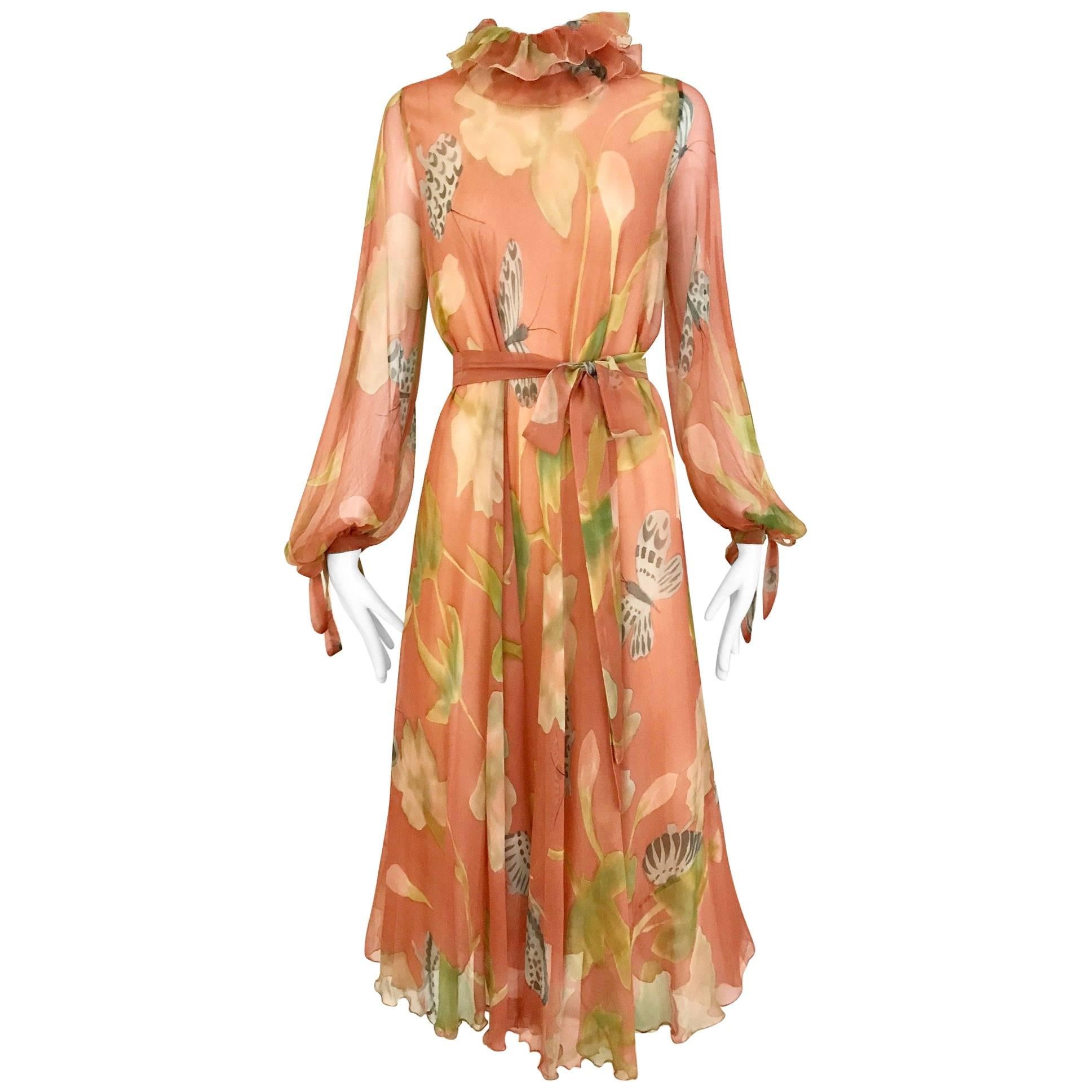 1970s Anna Weatherly Bohemian silk chiffon long sleeve dress