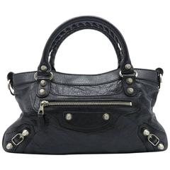 Balenciaga Black Lambskin Leather Silver Metal Satchel Bag