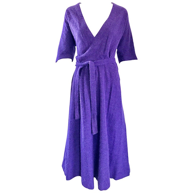 1970s Roberta di Camerino Purple Angora Mohair Purple 3/4 Sleeves Vintage Dress For Sale