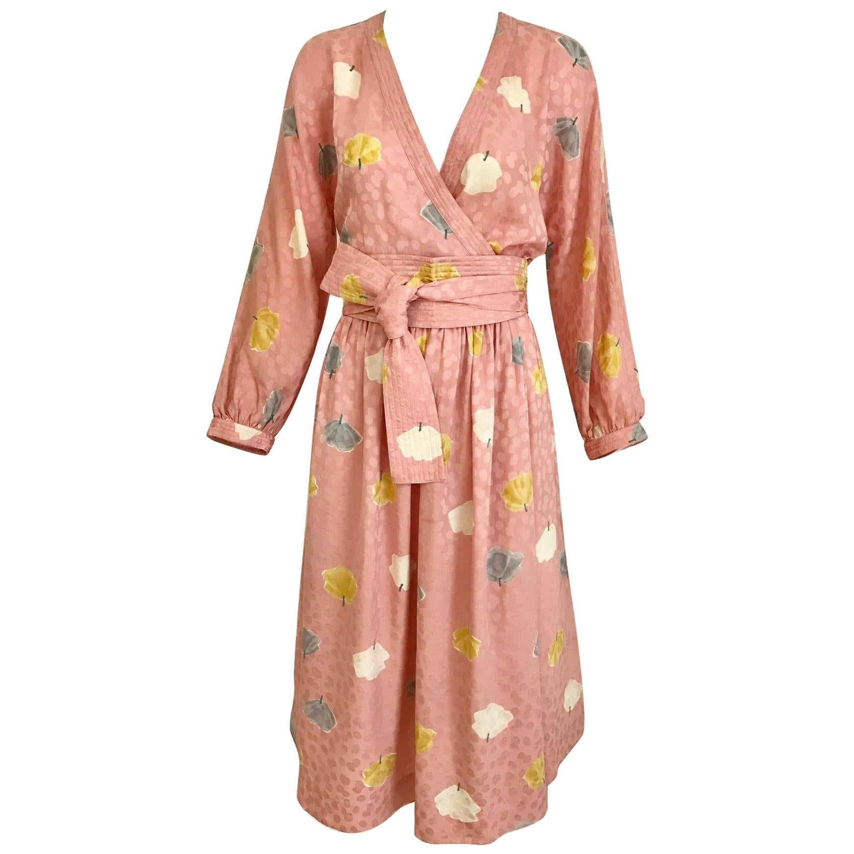 1970s Adele simpson light pink floral print wrap dress with  belt