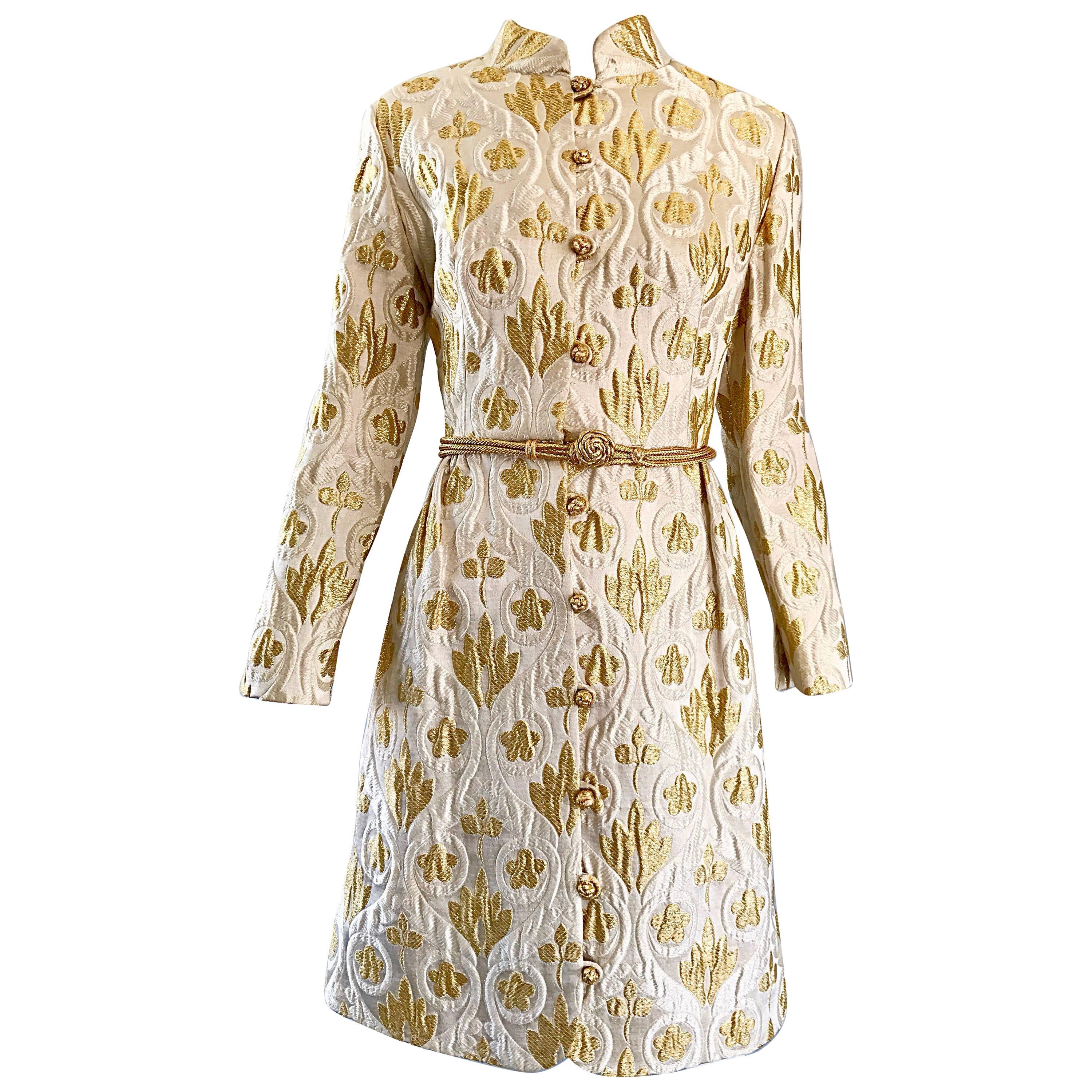 Victor Costa Romantica 1960s Gold + Ivory Silk Brocade Vintage 60s Belted Dress