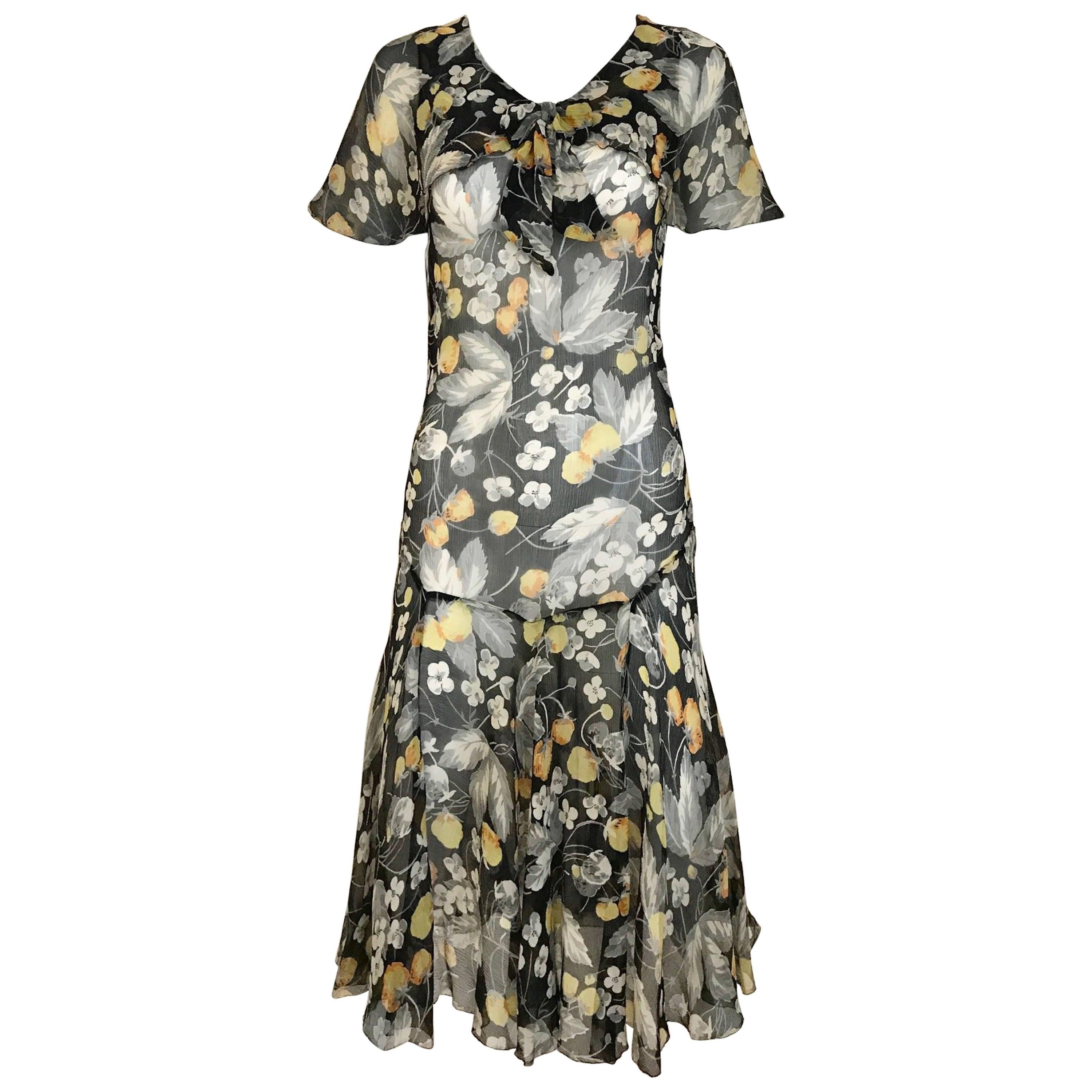 1930s floral print black, grey, orange floral print silk chiffon day dress For Sale