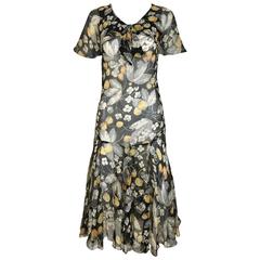 1930s floral print black, grey, orange floral print silk chiffon day dress