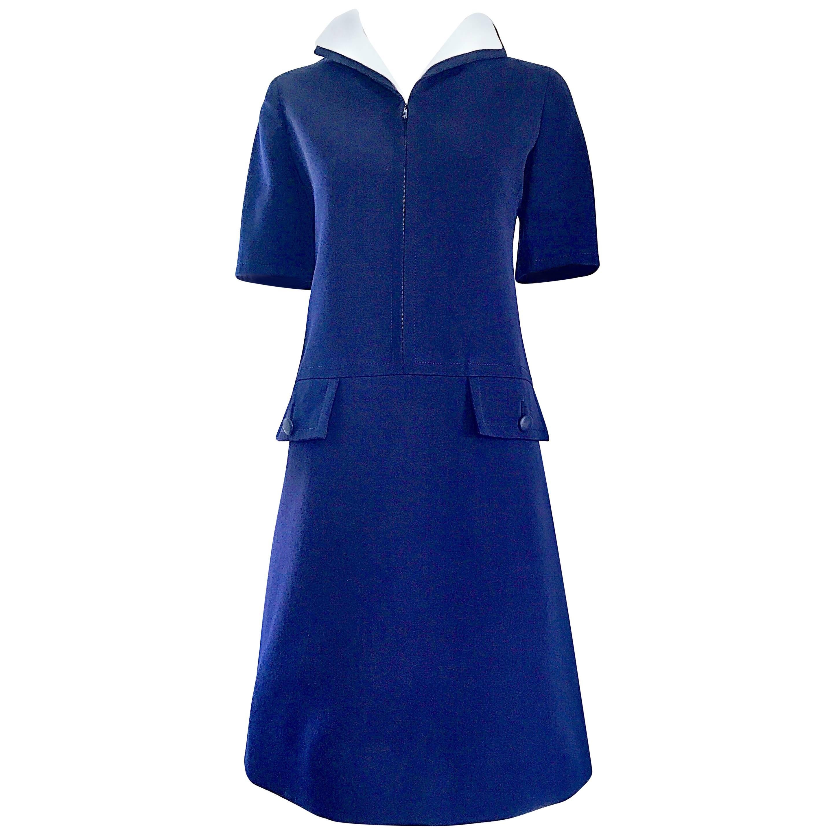 Yves Saint Laurent Haute Couture Navy Blue and White Nautical Dress, 1960s