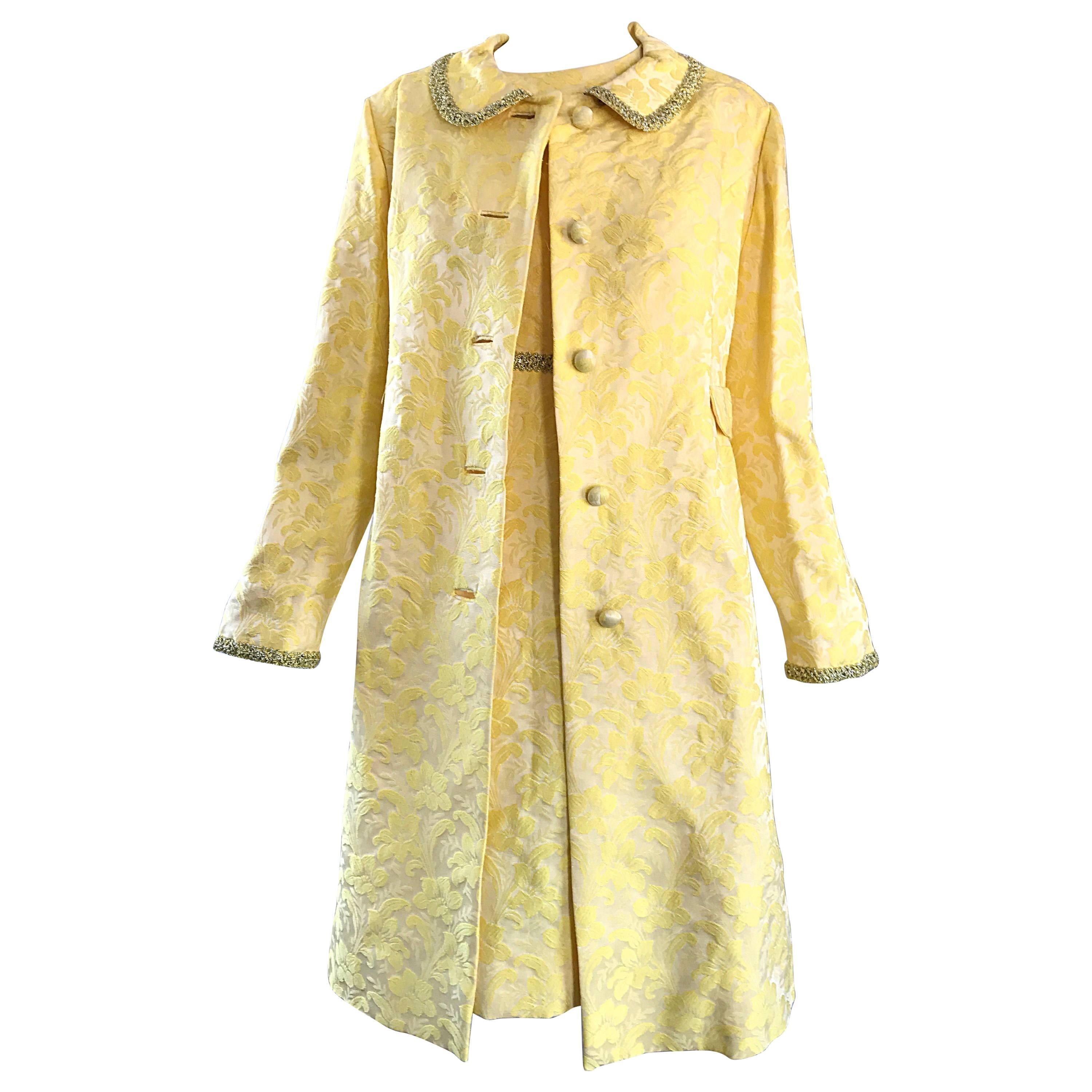 Chic 1960s Mademoiselle Canary Yellow Silk Borcade A - Line Dress & Jacket Suit For Sale