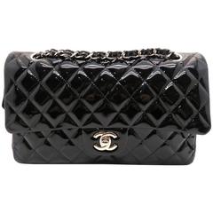 Chanel Classic Double Flap Black Quilted Patent Leather Silver Metal Handbag