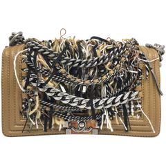 Chanel Enchained Boy Brown Knitting Wool Silver Metal Chain Shoulder Flap Bag