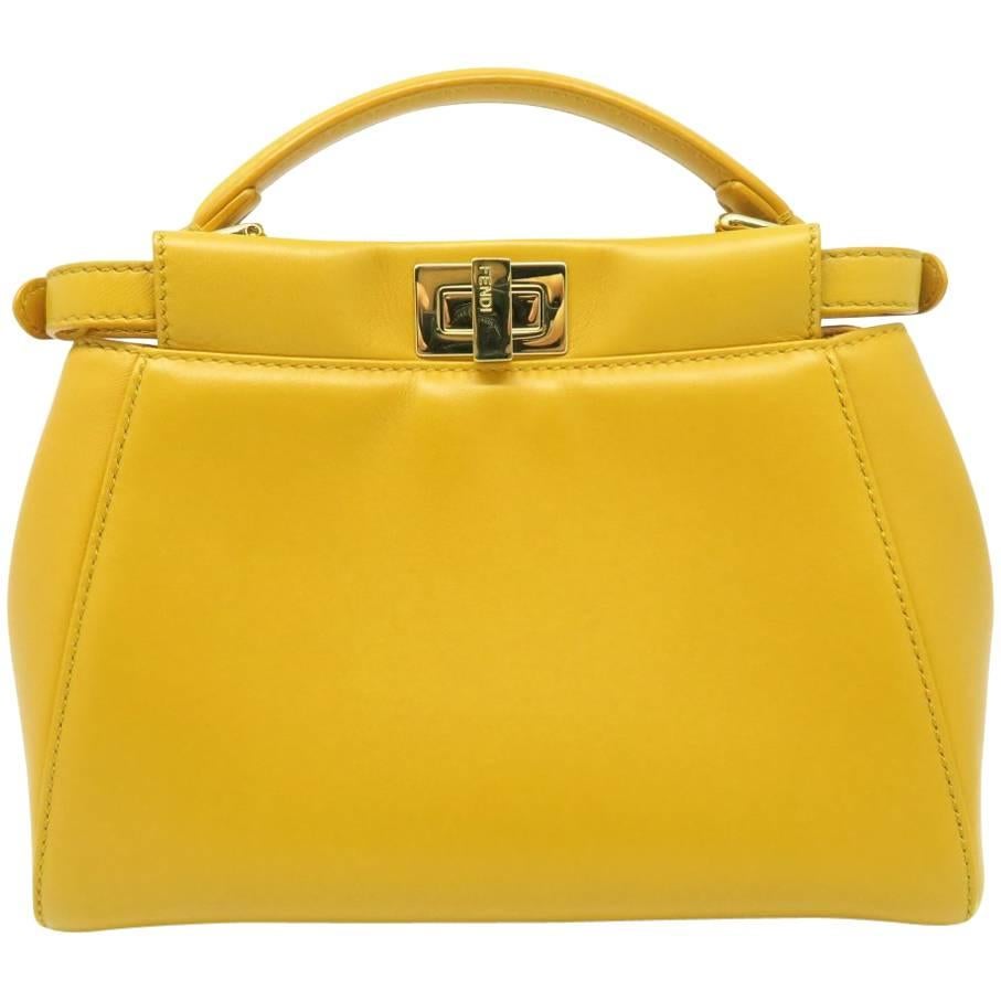 Fendi Peekaboo Yellow Lambskin Leather Gold Metal Top Handle Bag
