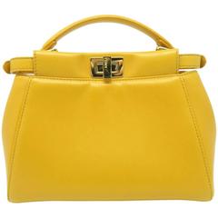 Fendi Peekaboo Yellow Lambskin Leather Gold Metal Top Handle Bag