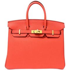 Hermes Birkin 25 Capucine Red Togo Leather Gold Metal Top Handle Bag