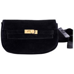 Hermes Kelly Pochette Clutch Black Suede Convertible Belt Bag Vintage Rare