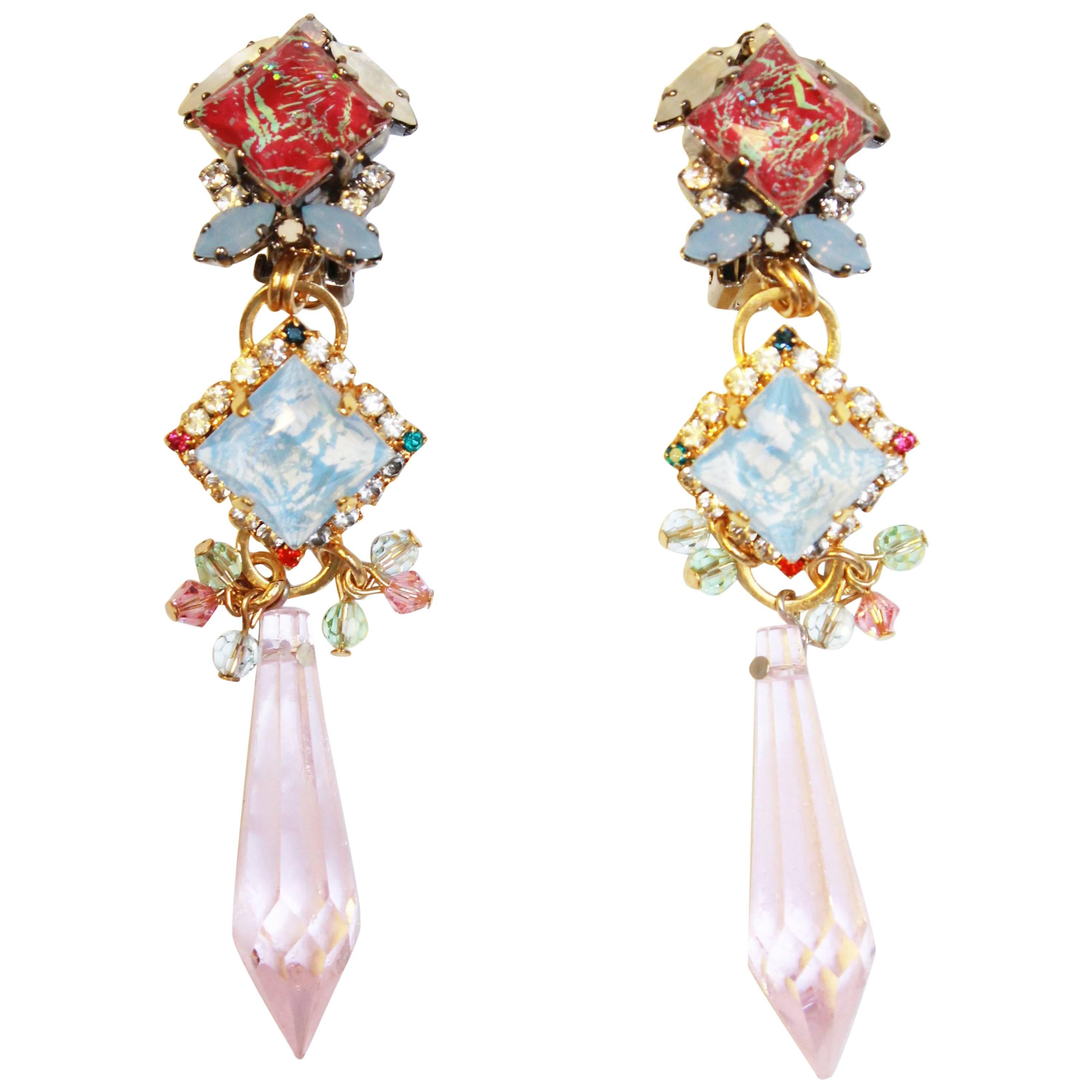 Beautiful Shocking Pink, Pale Pink and Blue Swarovski Crystal Drop Earrings