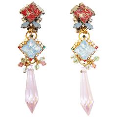 Beautiful Shocking Pink, Pale Pink and Blue Swarovski Crystal Drop Earrings