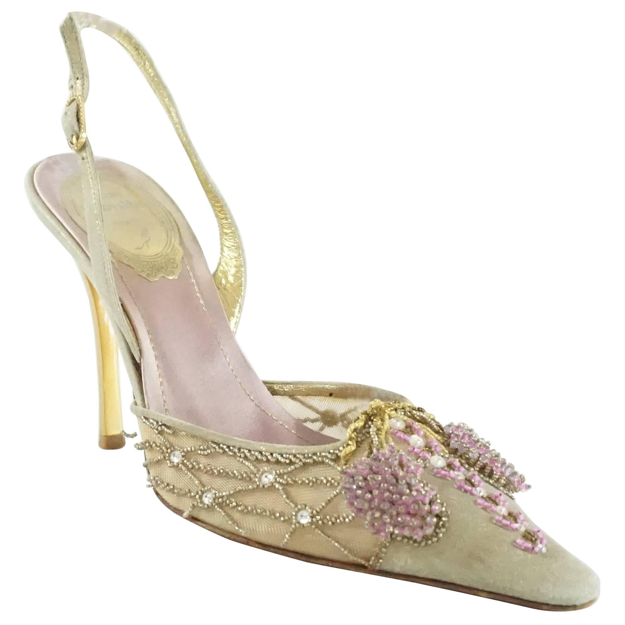 Rene Caovilla Gold and Pink Beaded Heels - 35.5 For Sale at 1stDibs