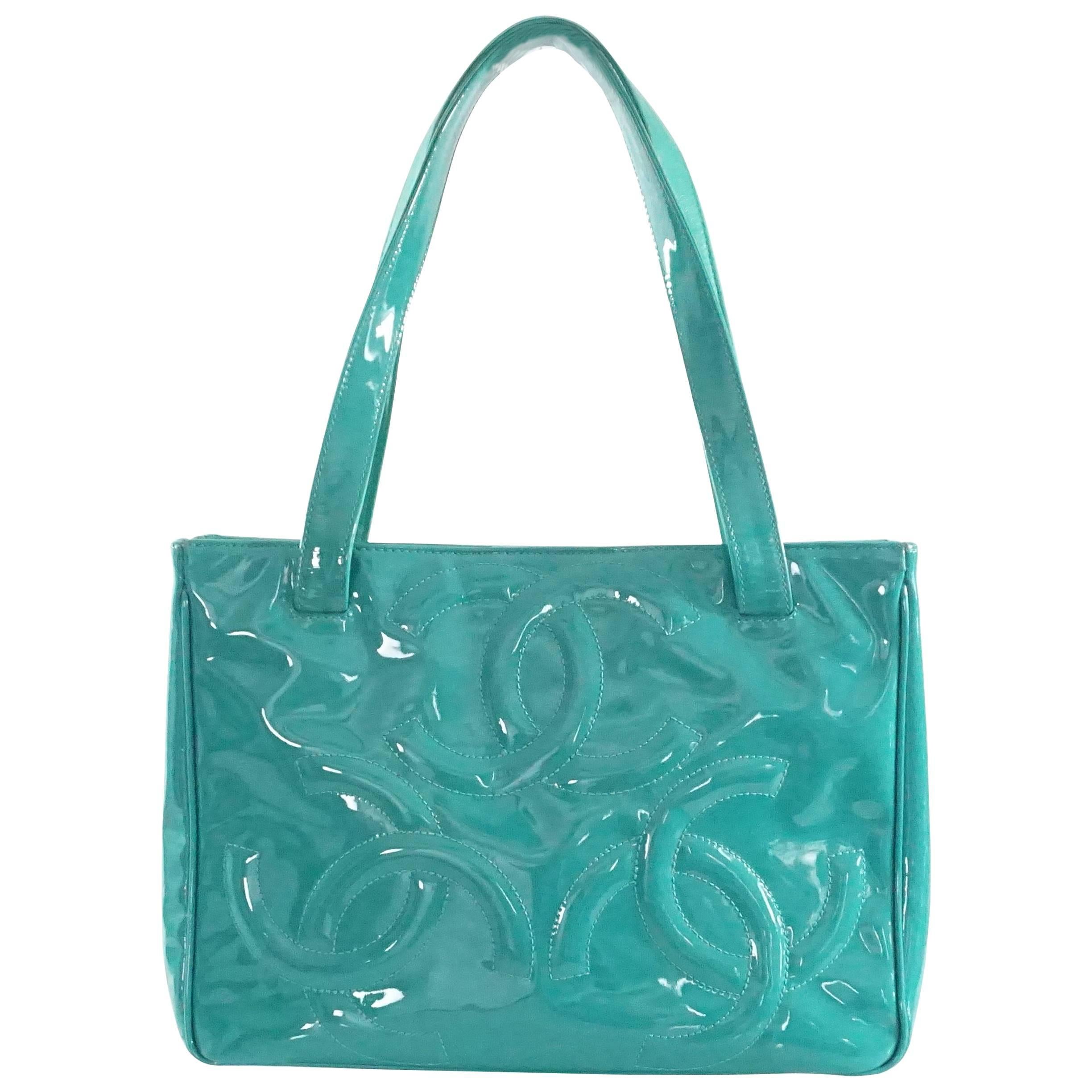 Chanel Teal Patent Mini Tote with CC Logo - 2004-2005