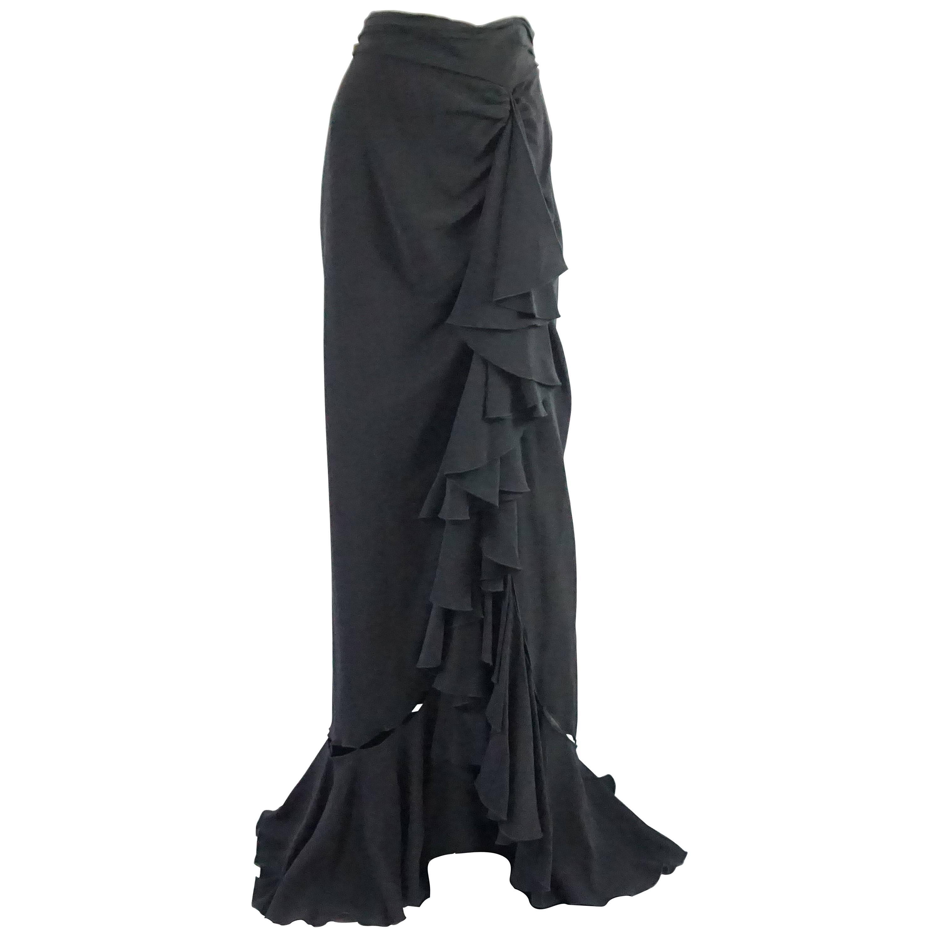 Naeem Khan Black Silk Long Ruffle Skirt with Cutouts - 12