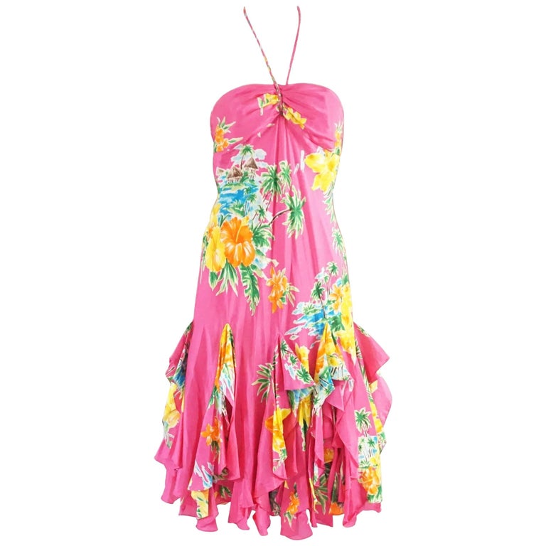 Ralph Lauren Pink Tropical Print Ruffle Dress 4 For Sale at 1stDibs