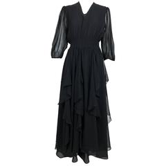 Vintage Diane Fres black silk chiffon ruffle trim v neck dress 1970s