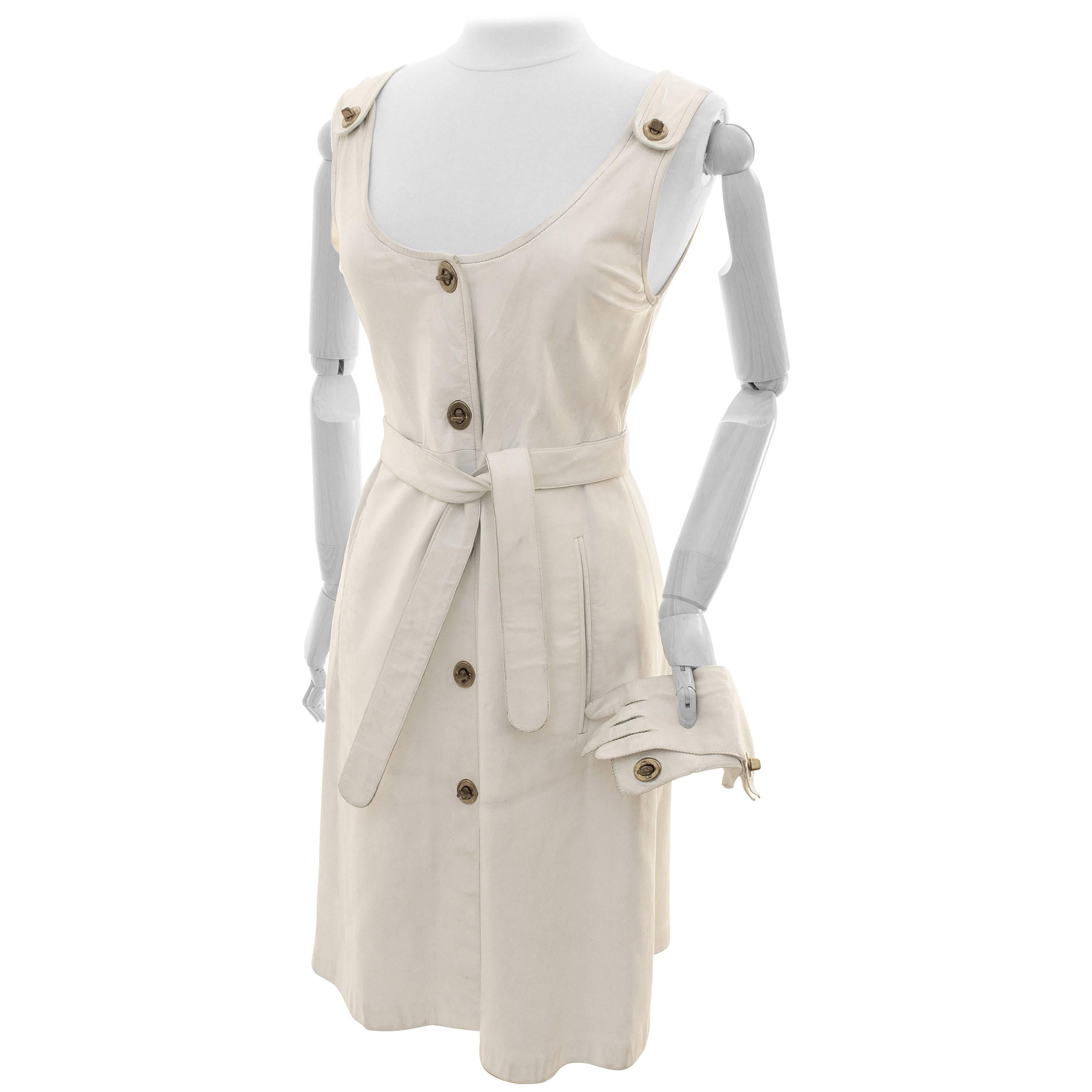 Mod Bonnie Cashin White Leather Mini Dress Set with Matching Belt & Gloves 60s M