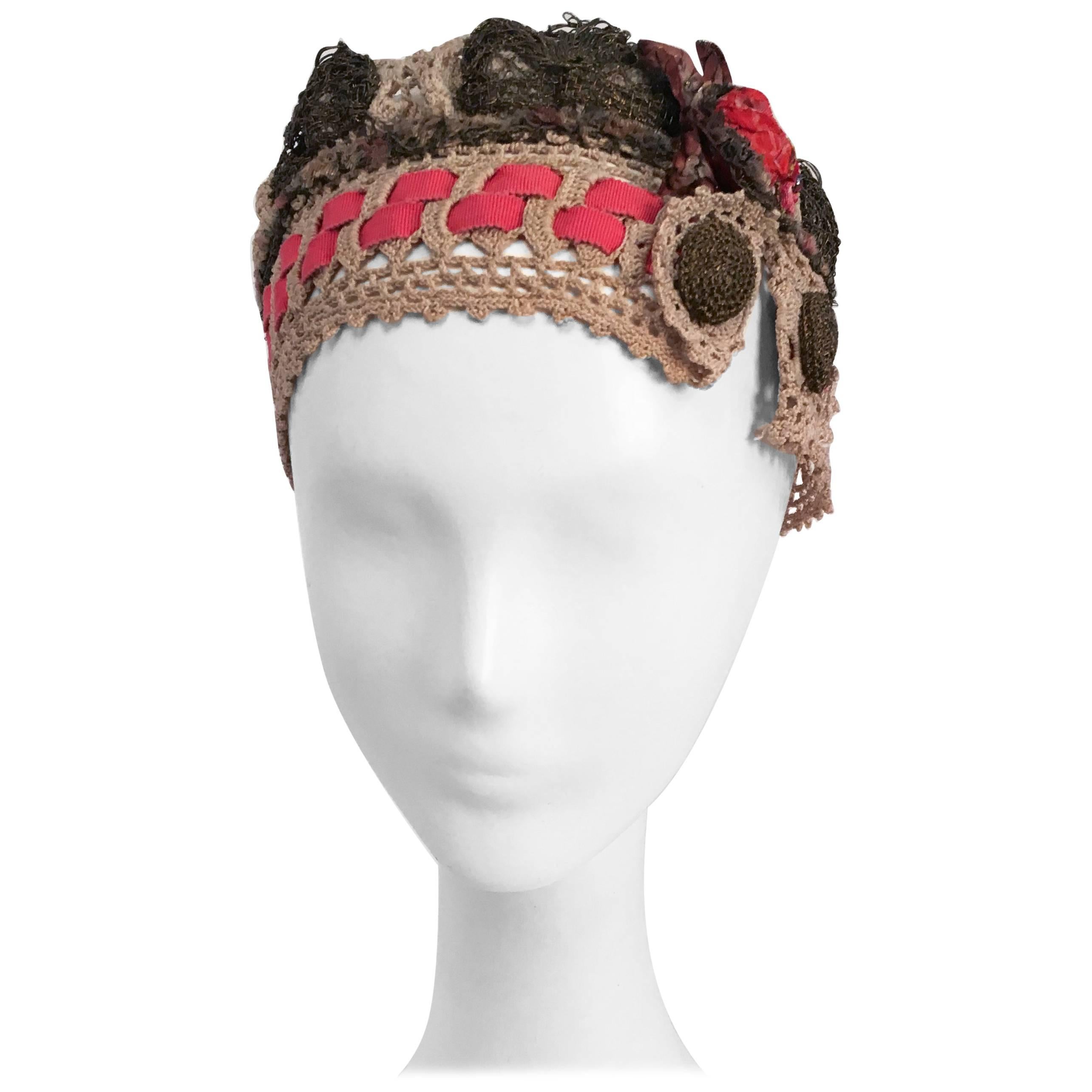 20s Juliet Cap w/ Brass Lace & Flower Side Detail For Sale