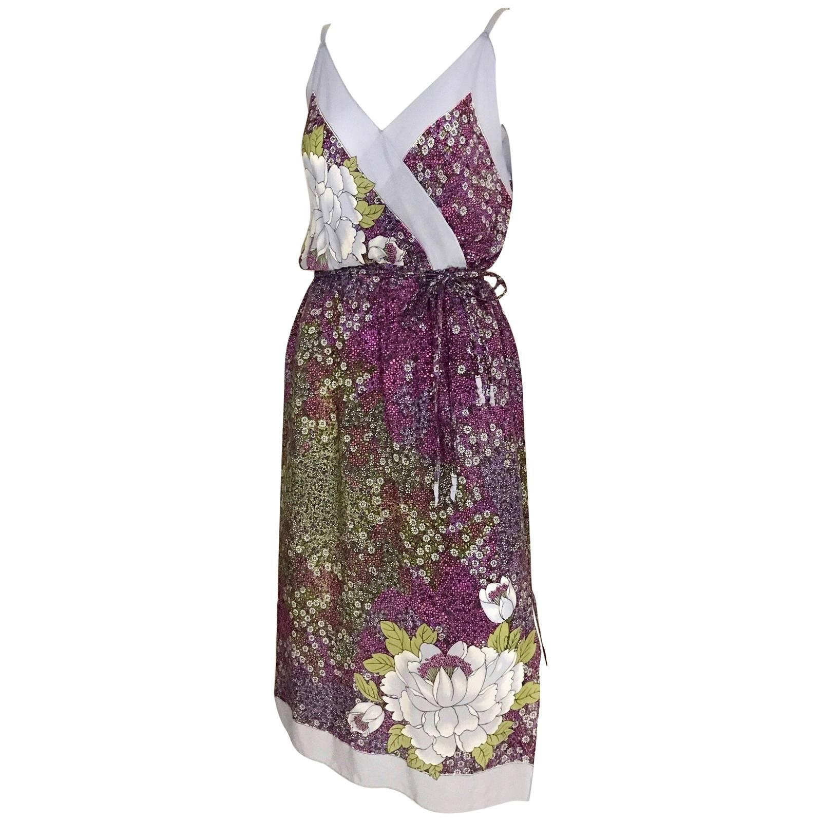 1970s Purple and Grey Floral Print Silk Summer Day Dress