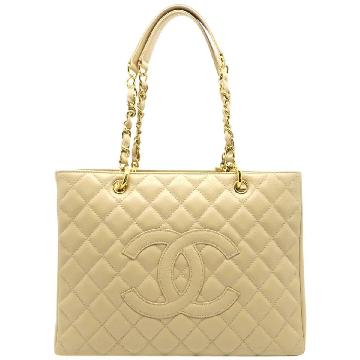 Chanel Grand Shopping Tote Beige Quilted Caviar Leather Gold Metal Chain Bag