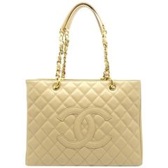 Chanel Grand Shopping Tote Beige Quilted Caviar Leather Gold Metal Chain Bag 12