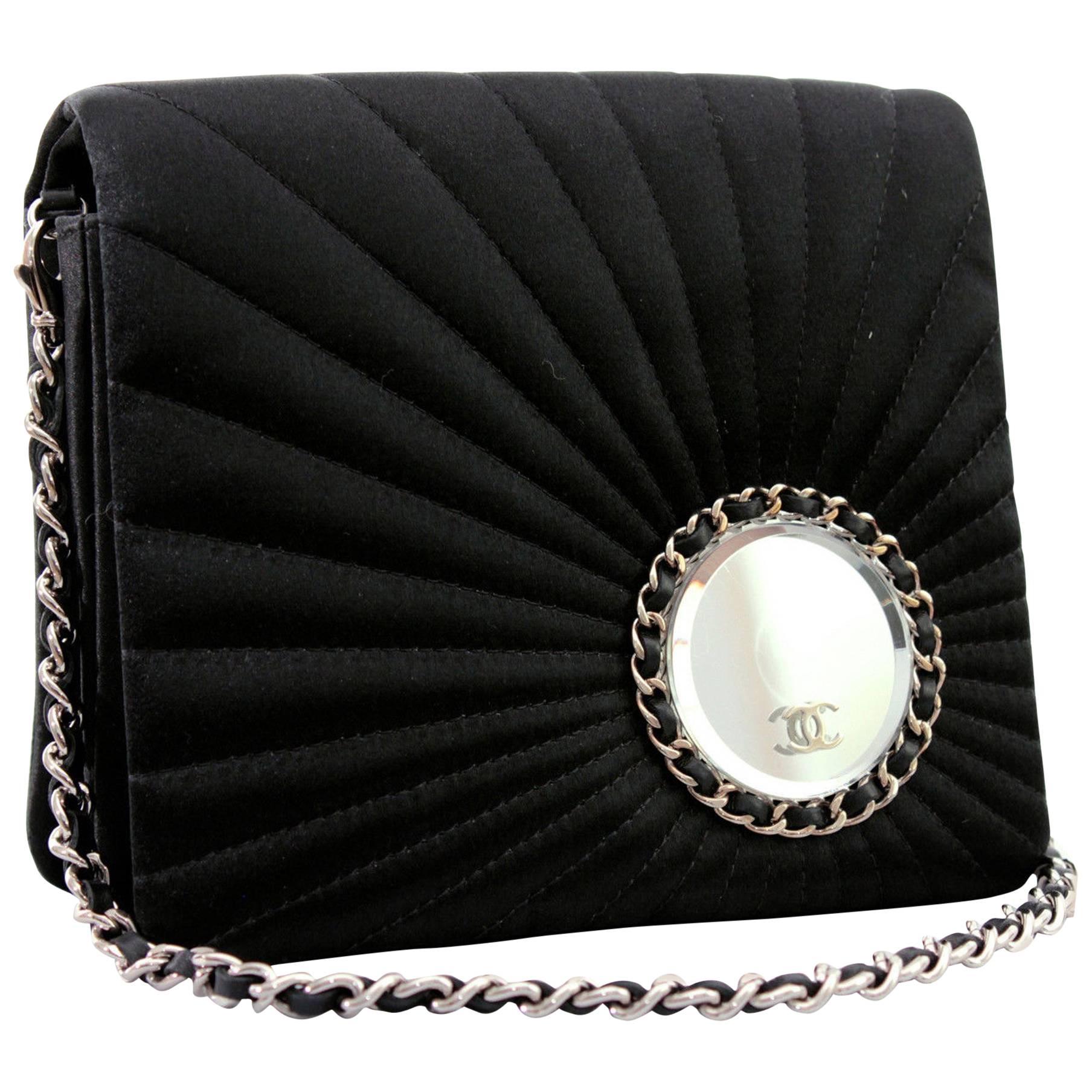 Chanel Evening Bag Black Stitched Silk Satin + Leather Chain Mirror Detail 2002