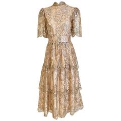 Vintage Metallic Taupe Lace Tiered Ruffled Cocktail 70s Dress