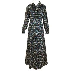 1970s Givenchy black silk multi color floral print maxi dress 4