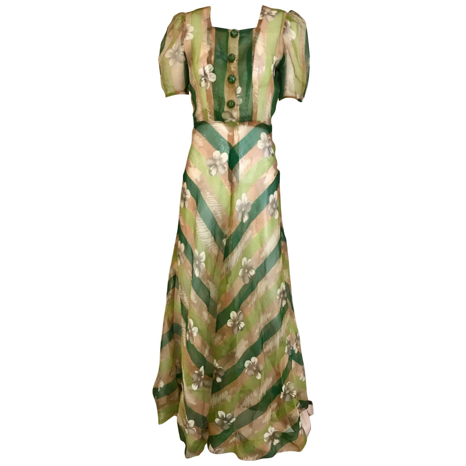 1930s Green floral print silk organza summer dress