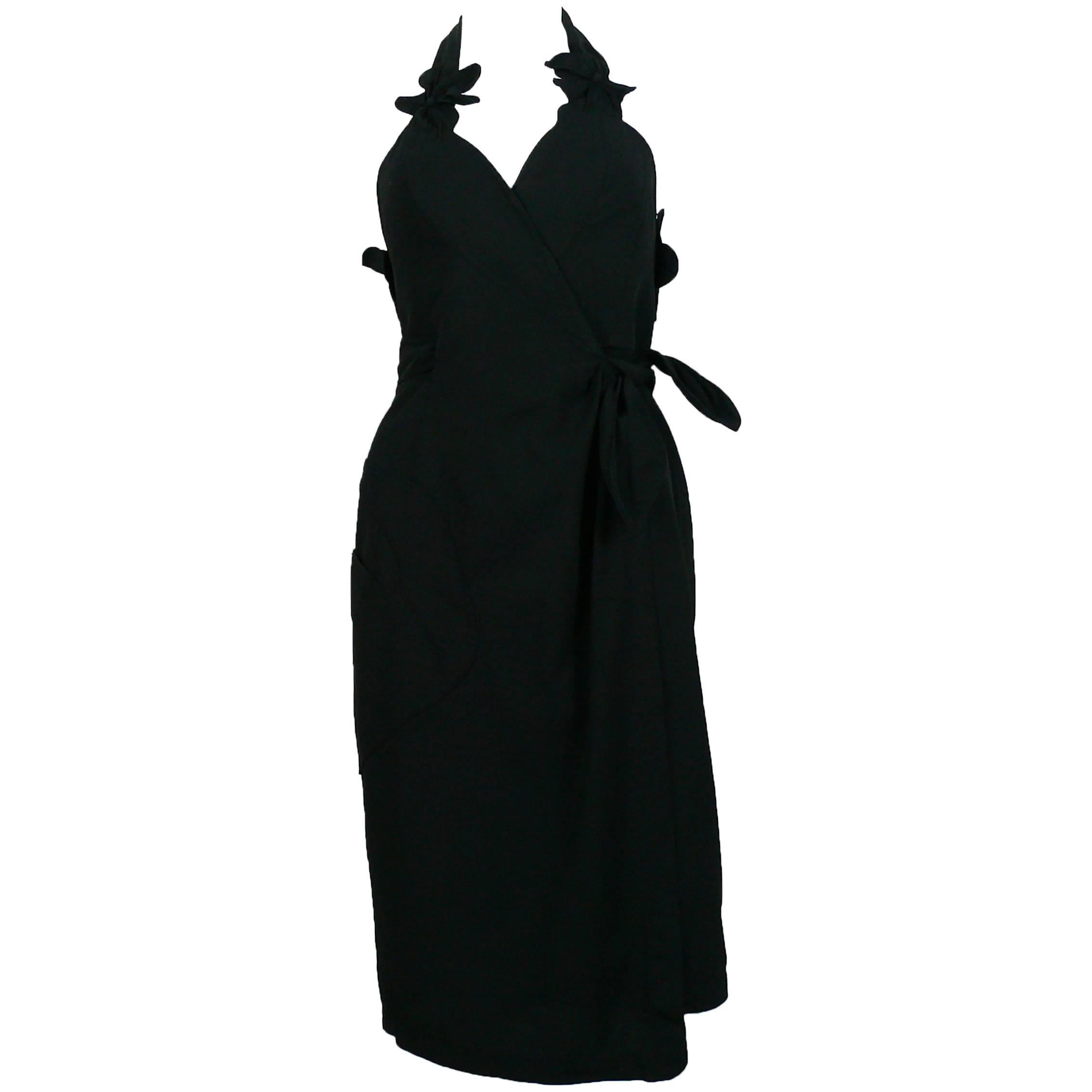 Thierry Mugler Vintage Black Halter Dress with Floral Detail