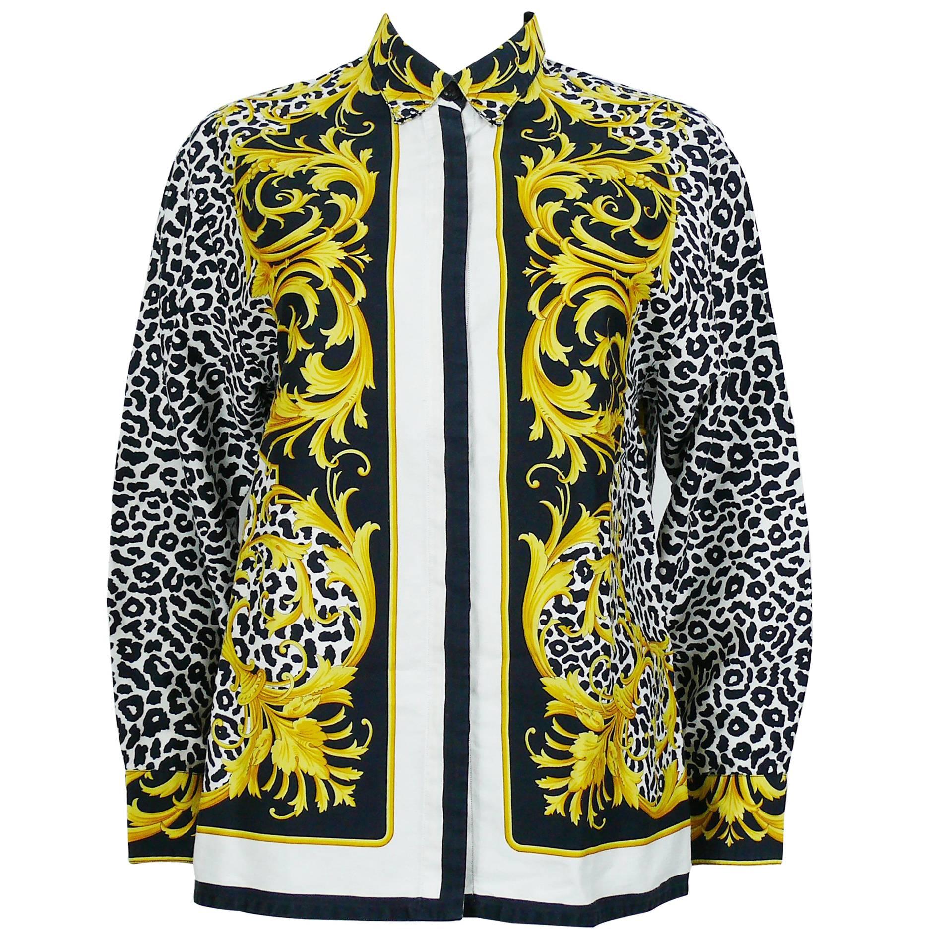 Versace Classic V2 Vintage Baroque Leopard Print Cotton Shirt Unisex Size 42 For Sale