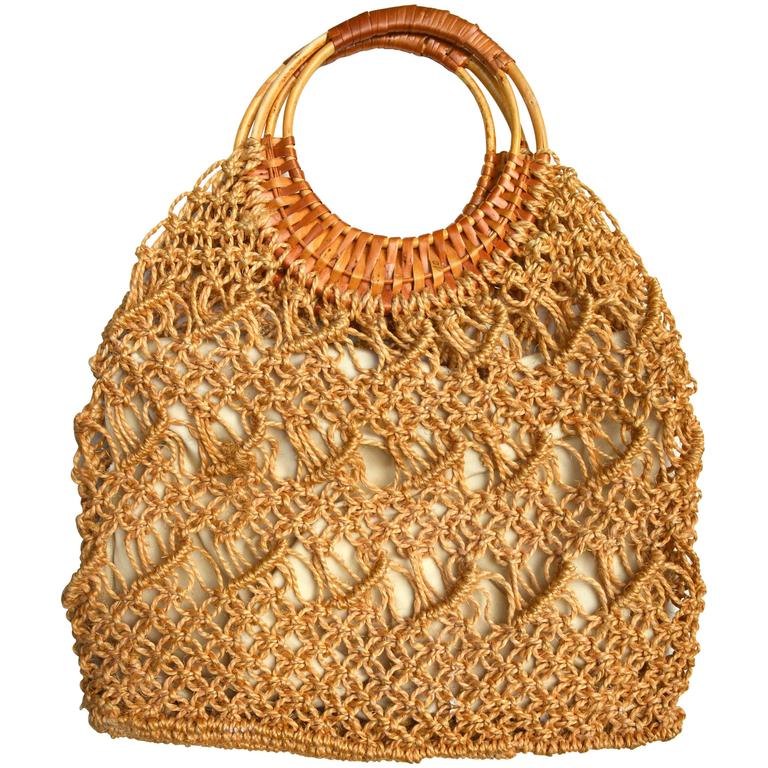 1960s Rope Macrame Beach Bag / Wicker Handle For Sale at 1stDibs