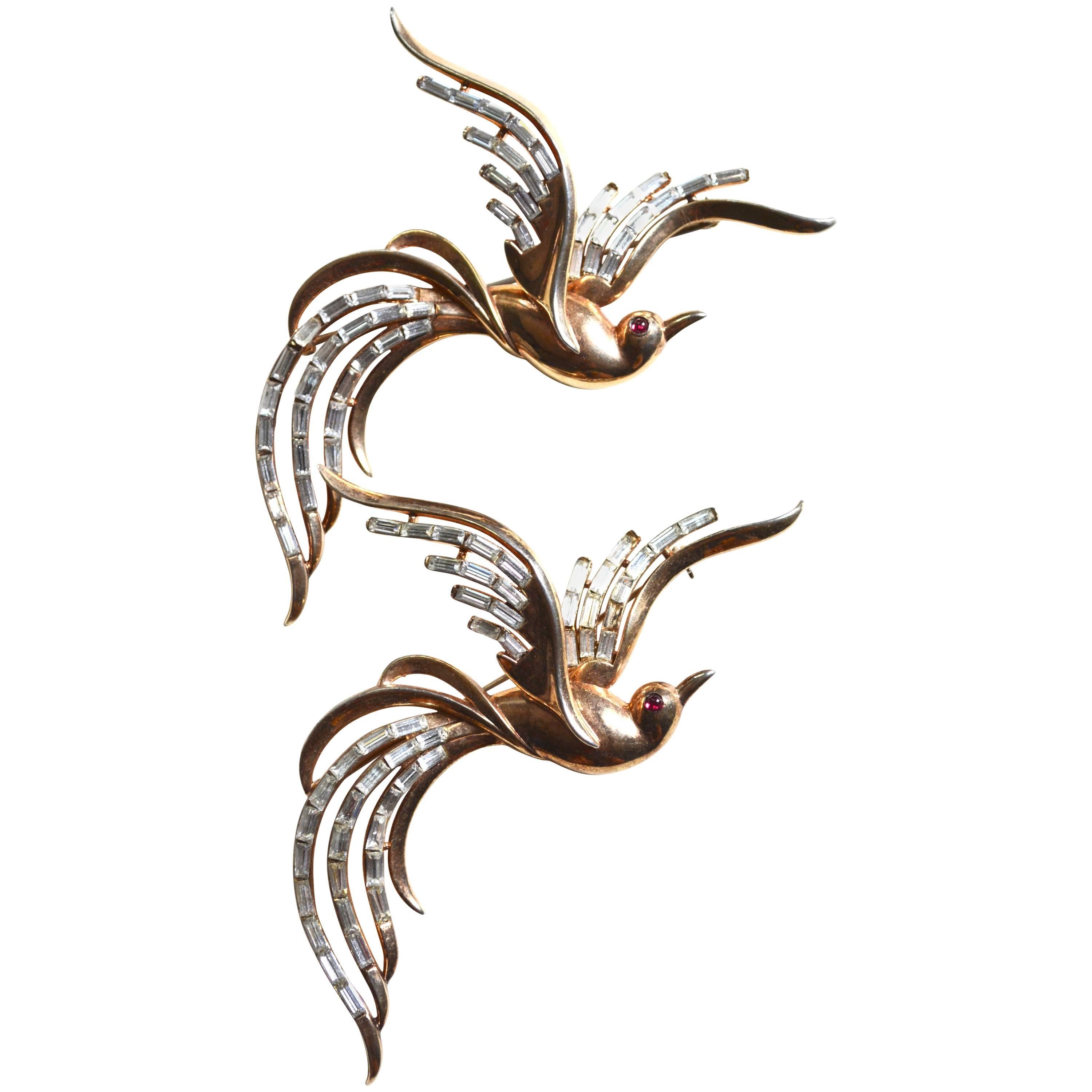 1950s Sterling Trifari Oversized Bird of Paradise Brooches For Sale