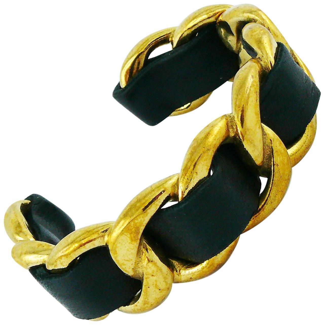 Chanel Vintage 1990 Iconic Chain and Leather Cuff Bracelet For Sale