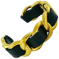 Chanel Vintage 1990 Iconic Chain and Leather Cuff Bracelet