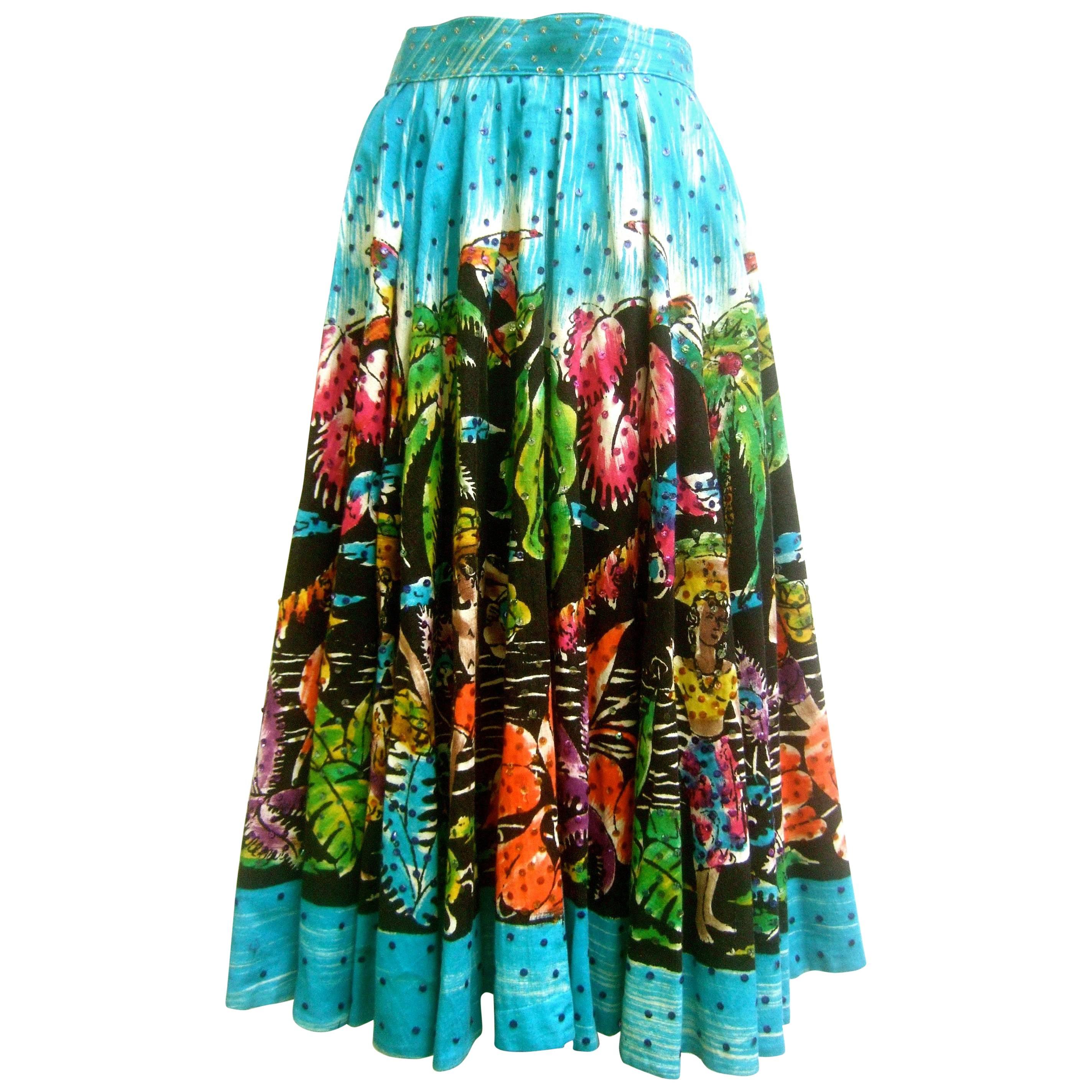 1950s Tropical Polynesian Hand Painted Cotton Skirt 