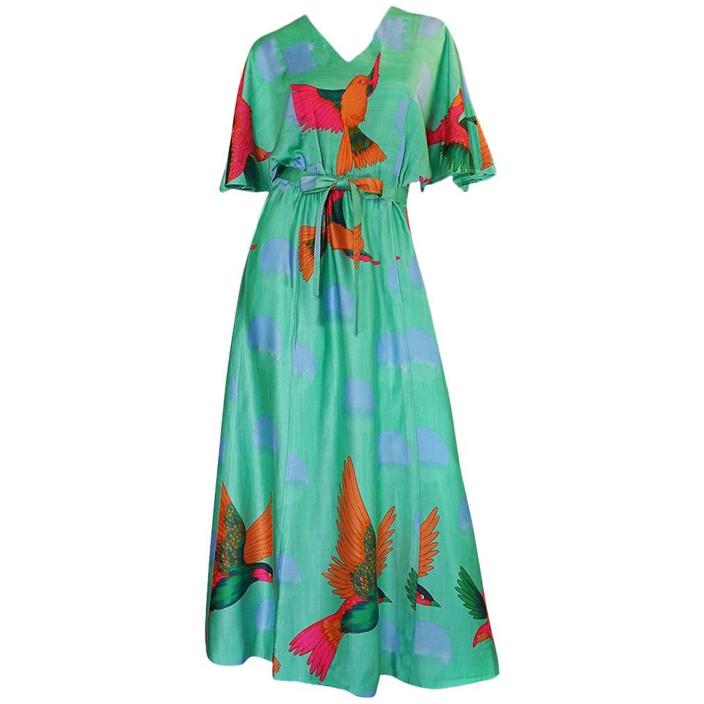 1970s Hanae Mori Green & Tropical Bird Caftan Dress