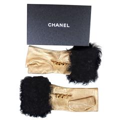 CHANEL 09A Moscow Paris Gold Fur Leather Fingerless Gloves 7.5  